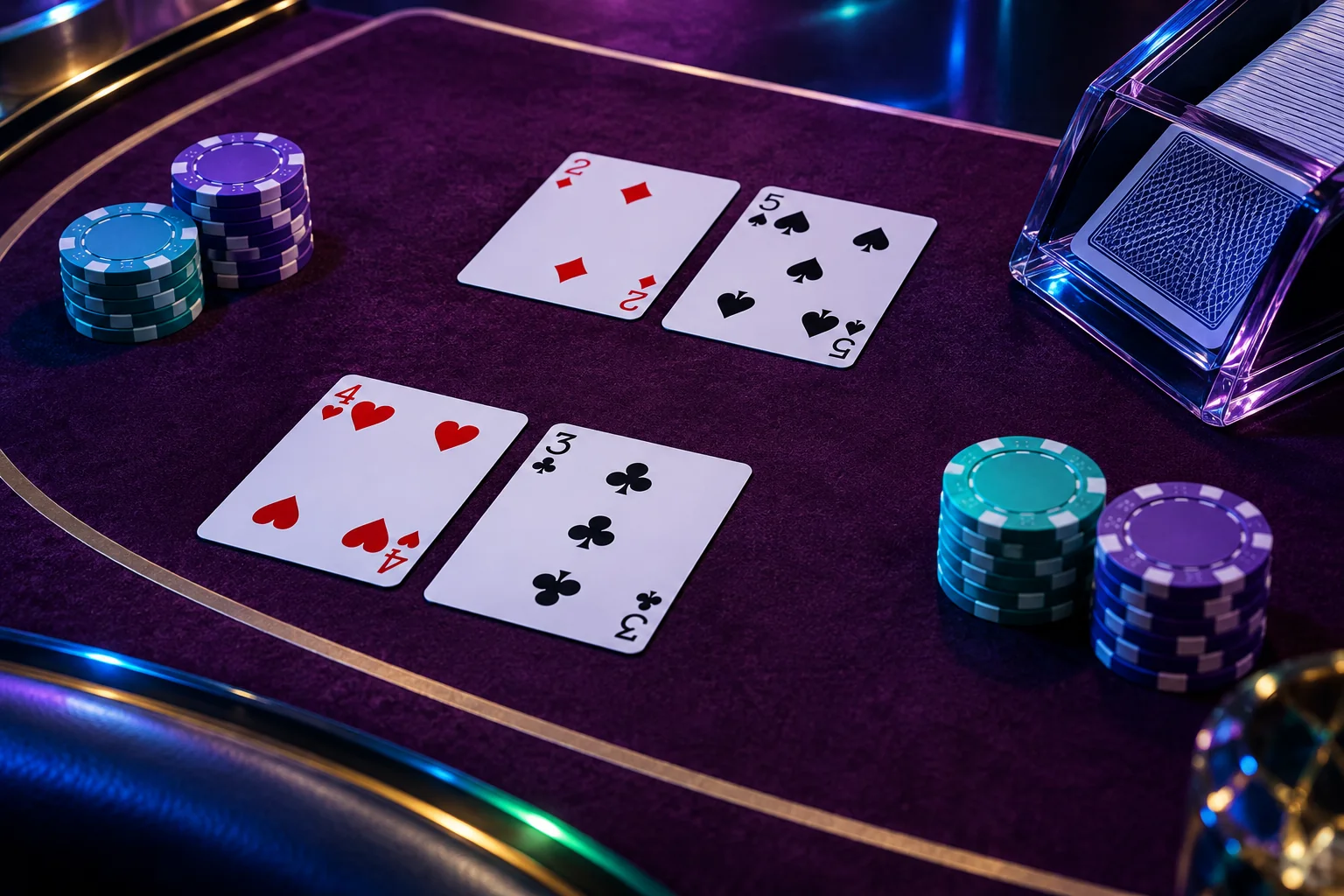 Baccarat cards and neat stacks of chips on a deep plum table
