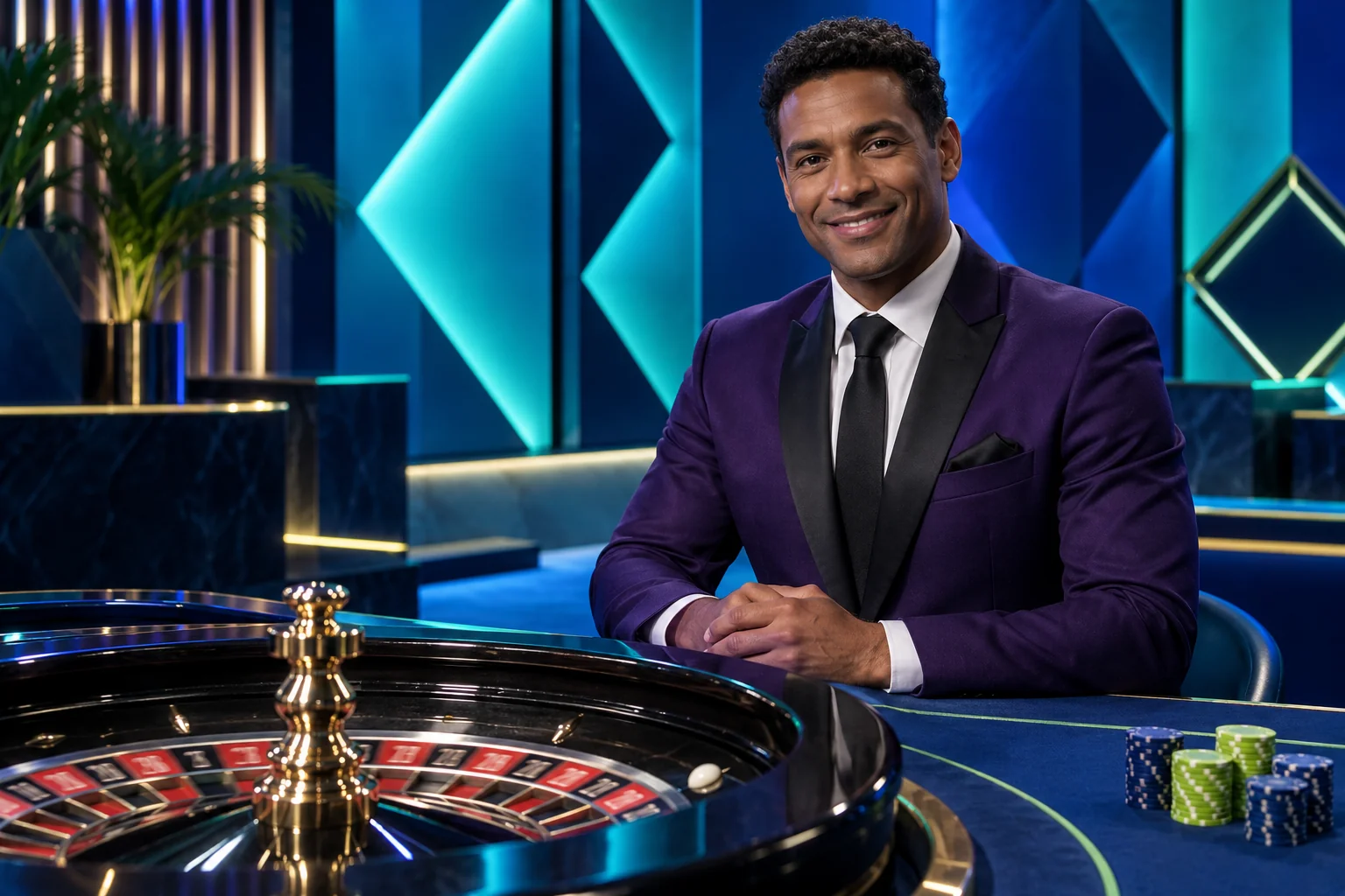 Male live roulette host in a tailored jacket in a contemporary blue studio