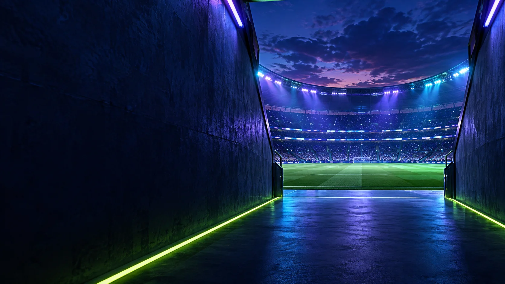 Blue-hour stadium tunnel opening onto a floodlit pitch