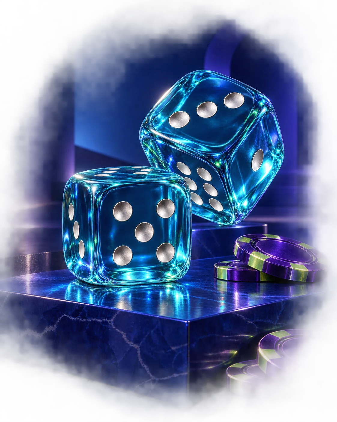 Transparent cyan dice and jewel-purple chips in a luminous casino still life