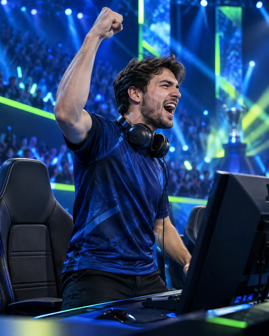 Esports competitor celebrating on a blue and lime tournament stage