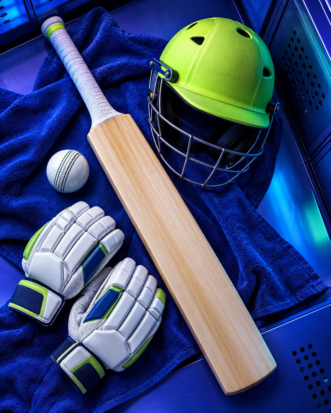 Cricket bat, ball, helmet and gloves on a vibrant cobalt surface