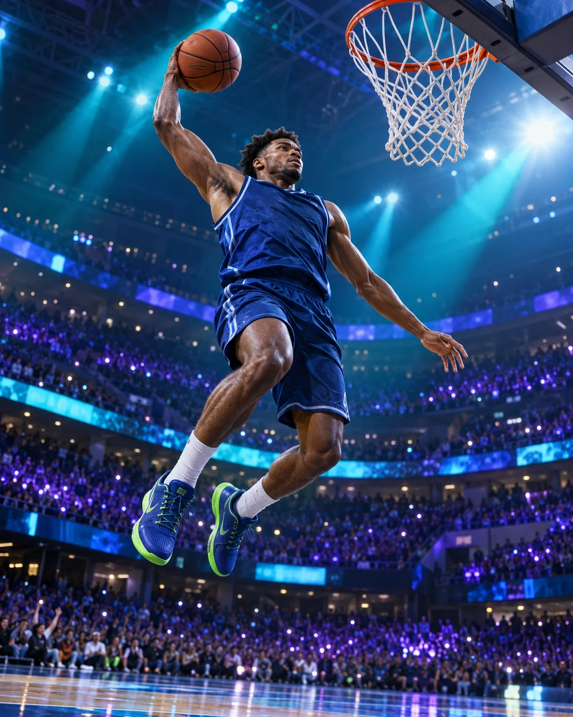 Basketball athlete rising towards the hoop in an electric blue arena