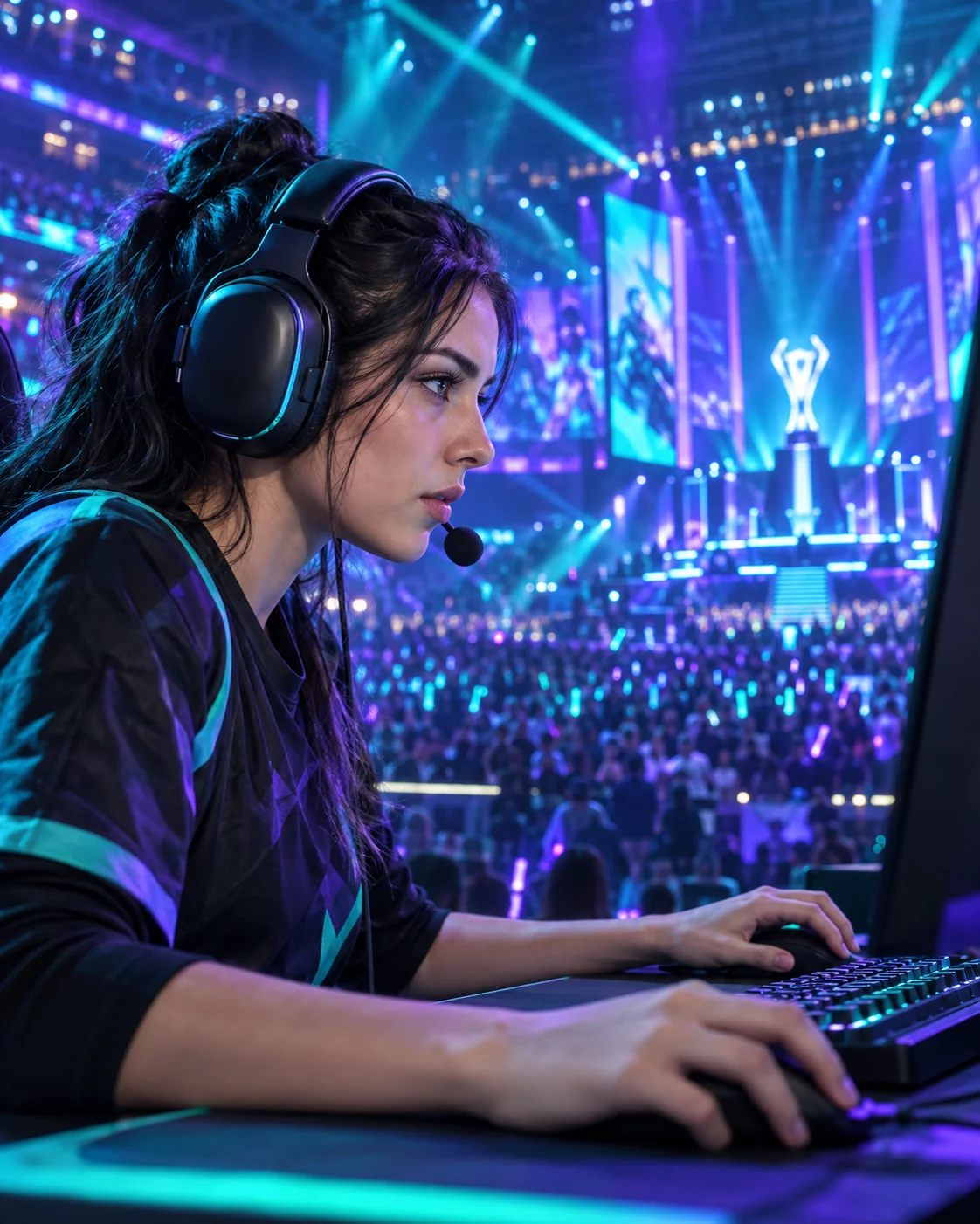 Esports competitor in a vivid cyan and violet tournament arena