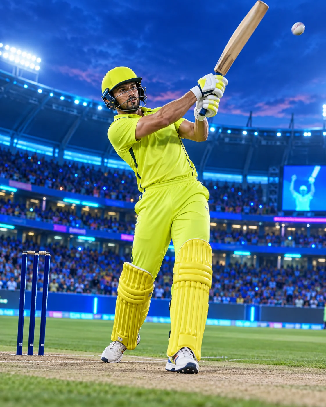 Cricket batter in lime kit on a vivid blue stadium pitch