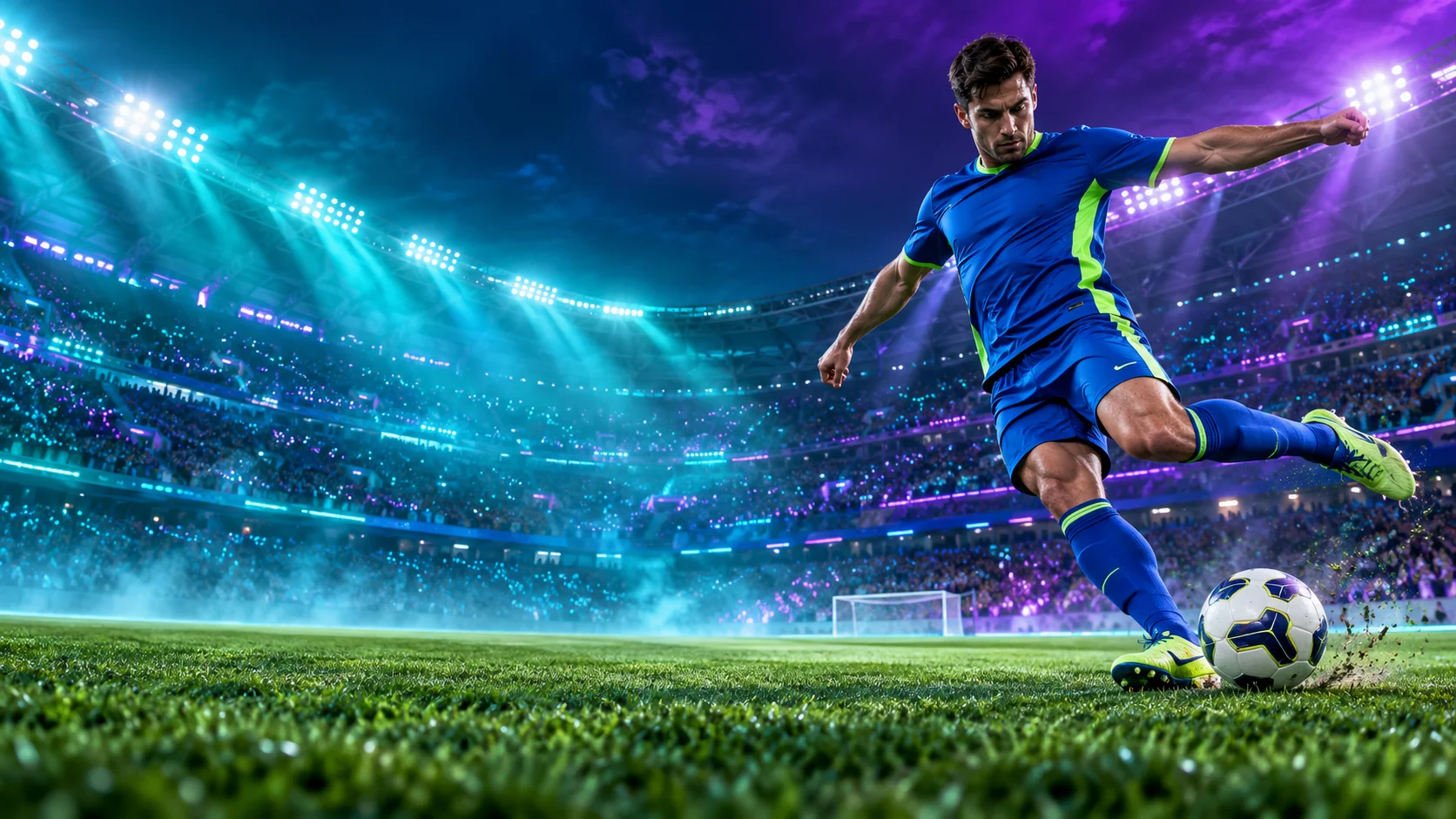 Football player under electric blue and violet stadium lights